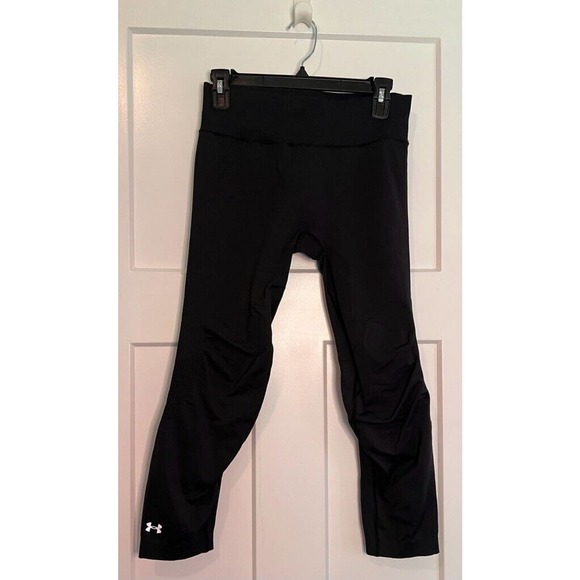 Under Armour Womens Leggings Pants Black Mid Rise Yoga Waistband‎ Workout Logo M - Picture 1 of 8